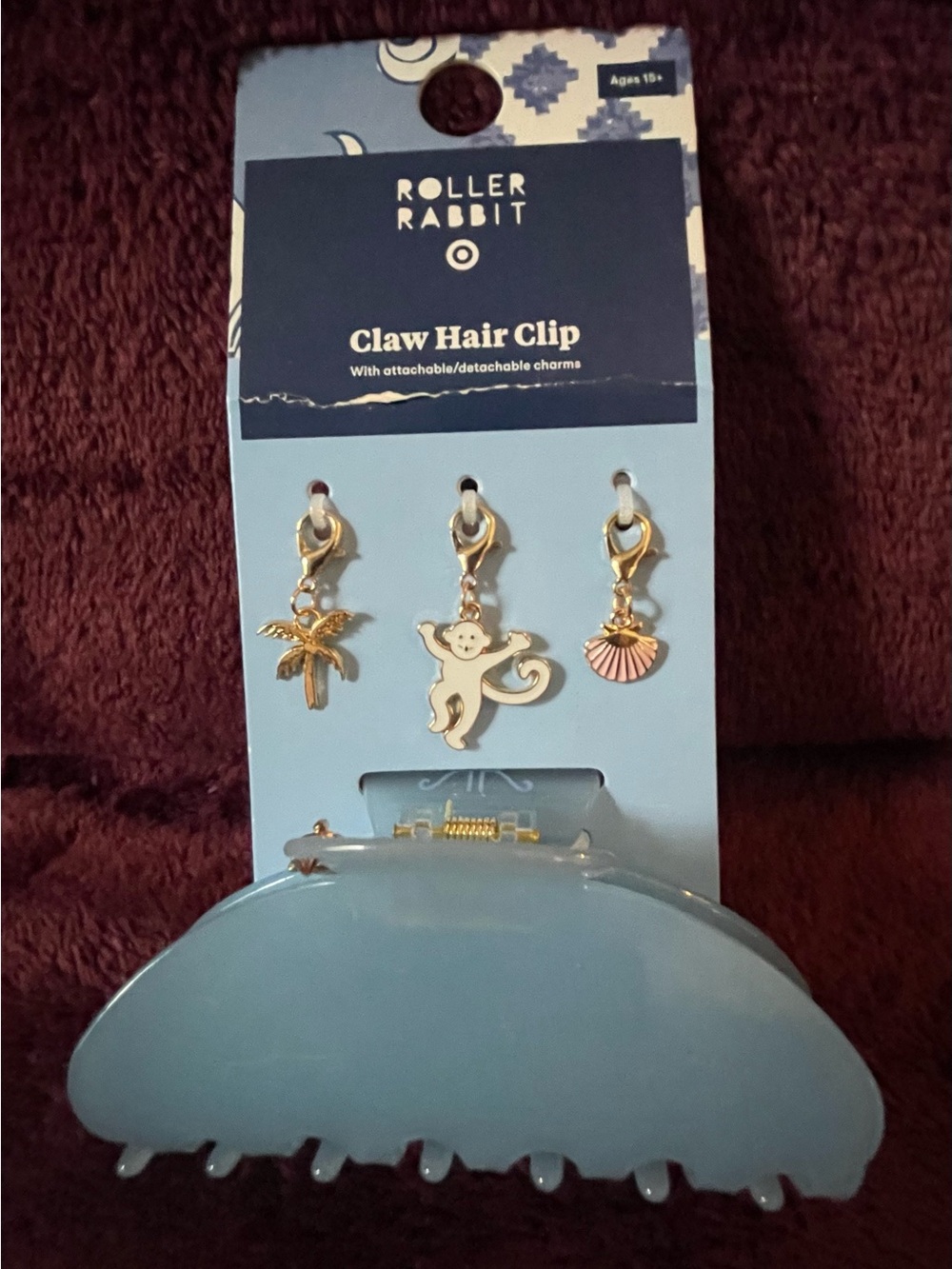 Roller Rabbit Light Blue Claw Hair Clip with Gold Charms